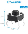 120 Piece Set Of 6x6x5mm Momentary Tact Switches For PCB 4 Pin DIP Black Push Button Micro Switch showing size and pin dimensions.