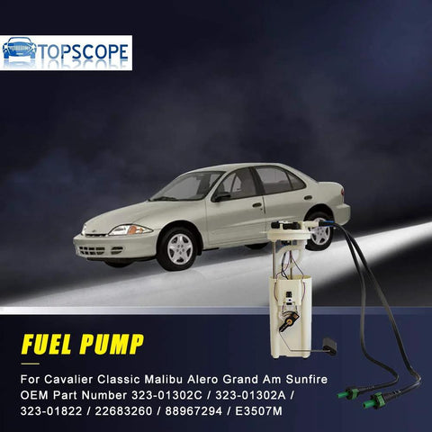 E3507M Fuel Pump Assembly For 2000 To 2005 Chevy Cavalier, 2000 To 2003 Malibu, 2004 To 2005 Chevy Classic, 2000 To 2004 Oldsmobile Alero, And 2000 To 2005 Pontiac Grand Am And Sunfire Replacement shown with car.