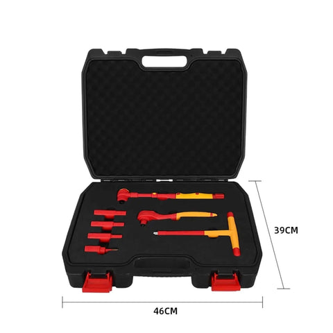 Badass Insulating Wrench Socket Set For Garage Rigs And EV Repair Tools With Sturdy Vinyl Coated Drives And Secure Snap Case opened, showcasing organized tools.