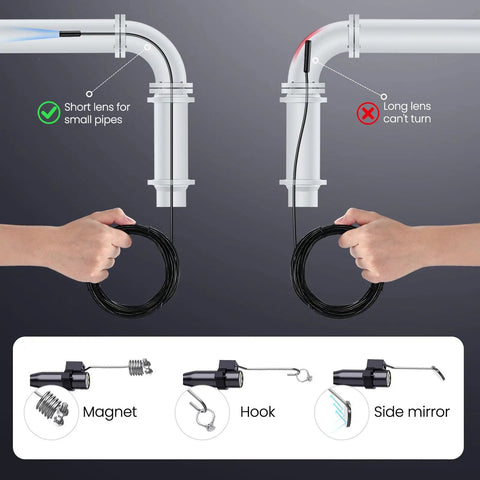 Dope Borescope Camera With Light 16.4 Ft Semi Rigid Probe IP67 Waterproof HD Endoscope showing short lens in pipe