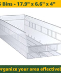 Heavy Duty Chrome Storage Shelving Unit 18 By 36 By 74 Inches With 25 Clear Bins, transparent storage bin measuring 17.9" x 6.6" x 4".