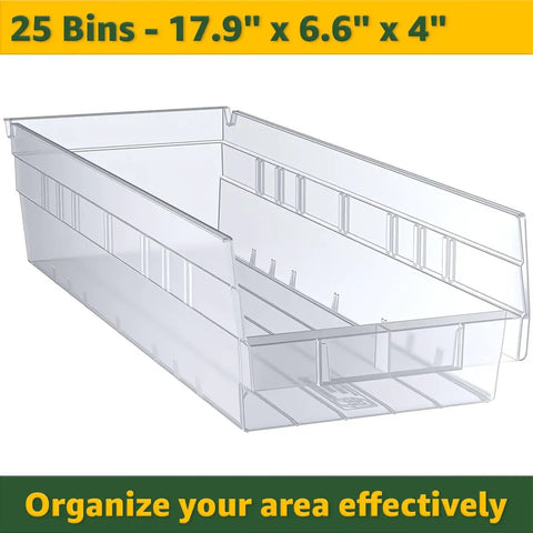 Heavy Duty Chrome Storage Shelving Unit 18 By 36 By 74 Inches With 25 Clear Bins, transparent storage bin measuring 17.9" x 6.6" x 4".
