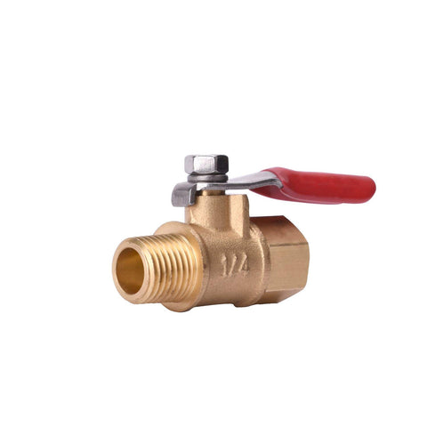 Pro Grade Heavy Duty Brass Ball Valve For Air Compressor Lines 1/4 Inch NPT On Off Shutoff With Red Lever side view