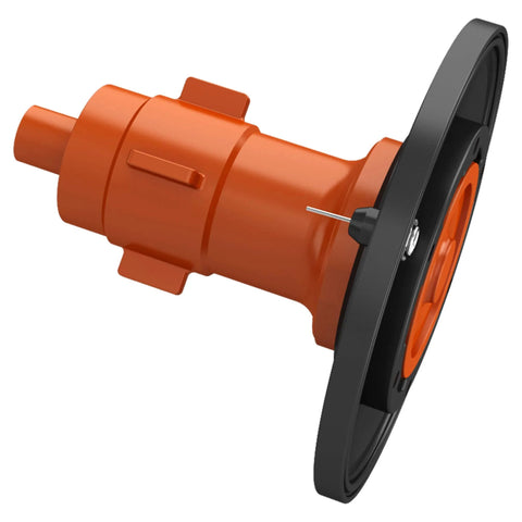 Diaphragm Assembly 0.5 GPF urinal, orange plastic body with black mounting flange, angled side view