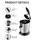 350W Electric Citrus Juicer With Stainless Steel Durable Construction And Two-Way Press Mechanism For Maximum Juice Extraction Efficiency Fine Filter Included showing product details and features.