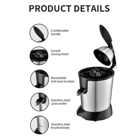 350W Electric Citrus Juicer With Stainless Steel Durable Construction And Two-Way Press Mechanism For Maximum Juice Extraction Efficiency Fine Filter Included showing product details and features.