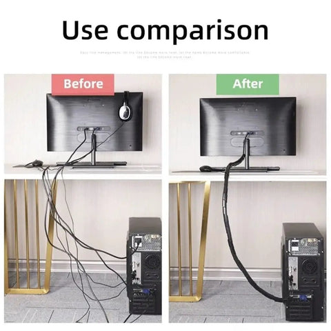 Before and after use of Flexible Spiral Cable Management Sleeve For Office And Home Use Durable PE Wire Organizer No Tools Needed Easy Wrap