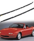 Left And Right Outer Door Window Molding Trim Weatherstrip Seal Belt For Mazda Miata 1990 2005 Replacement Parts NA01 58 810F NA01 59 810F Durable Weather Sealing shown alongside a red Mazda Miata.