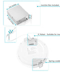 Dimensions and features of Ultra Thin 5 Inch LED Recessed Wafer Light With Junction Box, 12W, 5 Color Temperature Options From 2700K To 5000K.