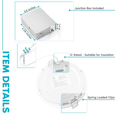 Dimensions and features of Ultra Thin 5 Inch LED Recessed Wafer Light With Junction Box, 12W, 5 Color Temperature Options From 2700K To 5000K.