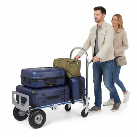 3 In 1 Heavy Duty Aluminum Hand Truck Cart With 550 Lb Capacity, Converts From Upright Stair Climb To Four Wheel Tilt, And Flat Platform Dolly For Appliances, Furniture, And Luggage, Folding Convenience with luggage on flat platform