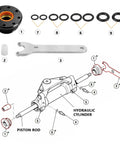 Seal Kit For Hydraulic Steering Cylinders With Pin Wrench HS5157 Marine Grade DIY Friendly Easy Fix For Pivot Front Mounted Steering Fits HC5340 HC5341 HC5342 HC5343 HC5344 HC5345 HC5346 HC6750 HC6751 HC6754 HC6755 And More with parts layout and tools.