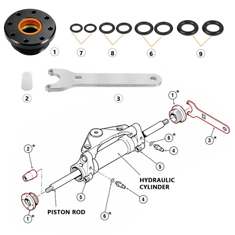Seal Kit For Hydraulic Steering Cylinders With Pin Wrench HS5157 Marine Grade DIY Friendly Easy Fix For Pivot Front Mounted Steering Fits HC5340 HC5341 HC5342 HC5343 HC5344 HC5345 HC5346 HC6750 HC6751 HC6754 HC6755 And More with parts layout and tools.