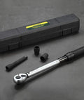 Half Inch Drive Click Torque Wrench Dual Direction Adjustable, 10-150 Ft-Lb, with 72-Tooth Head and accessories on display