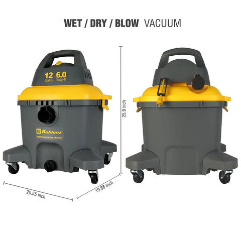 Heavy Duty Contractor Wet Dry Vacuum 12 Gallon 6 Peak HP With Pull Handle For Big Job Sites Cleans Dry And Wet Messes Fast