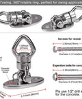Beefy Bearing Swivel Swing Hanger 800Lb Capacity Stainless Steel Ceiling Mount Kit, dimensions and included hardware shown