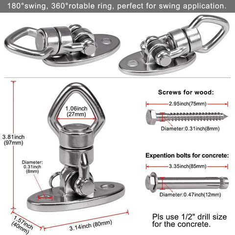 Beefy Bearing Swivel Swing Hanger 800Lb Capacity Stainless Steel Ceiling Mount Kit, dimensions and included hardware shown