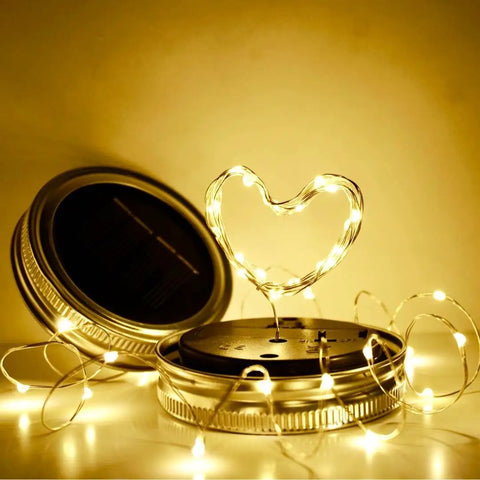 Solar Mason Jar Lid Lights 8 Pack With 20 LEDs, Lit Fairy Star Firefly String Lights on heart-shaped wire