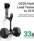 Heavy Duty EV Charger Wall Mount Bracket Compatible With SAE J1772 Connectors with a black steel hook mounted on white wall.
