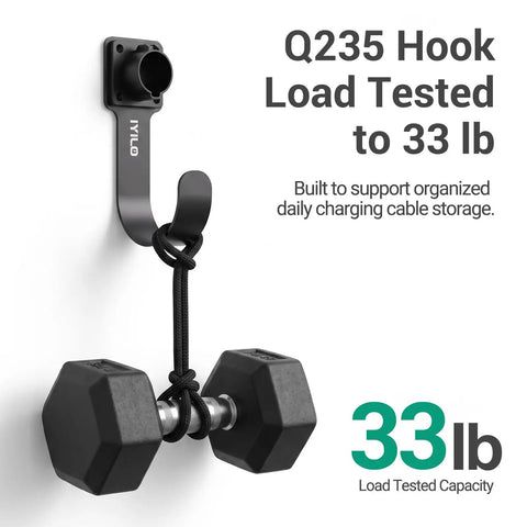 Heavy Duty EV Charger Wall Mount Bracket Compatible With SAE J1772 Connectors with a black steel hook mounted on white wall.