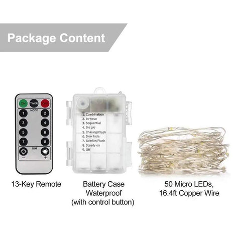 Two Pack Battery Operated Fairy Lights With 50 LEDs On Silver Wire 16.4 Feet Of Cool White Glow Remote Control Party Ready
