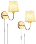 Set of Two Plug in Wall Sconces with On Off Switch Modern Gold Fabric Shade Wall Lamps 6.56ft Cord Plug in or Hardwired Installation
