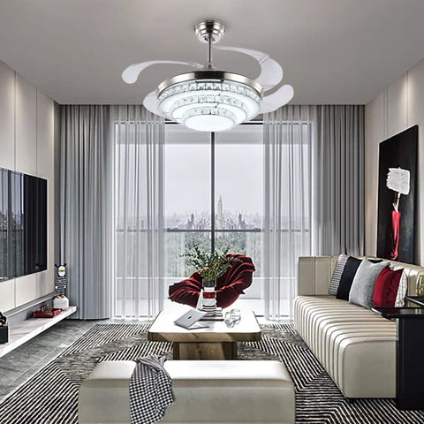 Dope Modern K9 Crystal Ceiling Fan With Lights And Remote in living room, LED chandelier, retractable blades, elegant decor