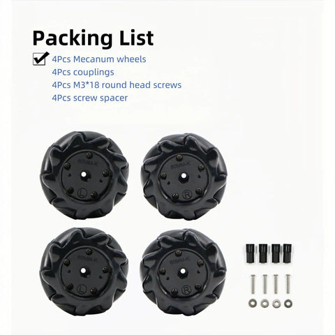 Image of 60mm Mecanum Wheel Set With Couplings For ROS Smart Cart And DIY Robot Kits, Omnidirectional Movement, Durable Rubber Tires, 4 Pack, Easy Assembly For Custom Robots, Black, featuring four black wheels with couplings and screws arranged next to them.