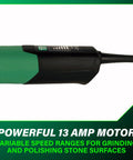 Close-up of a 7-Inch Angle Polisher For Stone Grinding And Polishing With 13 Amp Motor, focusing on handle and speed control.