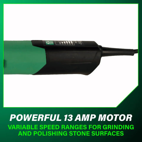 Close-up of a 7-Inch Angle Polisher For Stone Grinding And Polishing With 13 Amp Motor, focusing on handle and speed control.