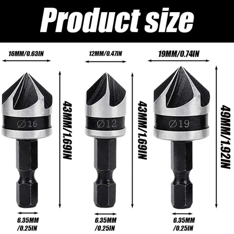 3 pcs countersink drill bit set with 1/4 in hex shanks; sizes 12mm, 16mm, 19mm for woodworking (front view)