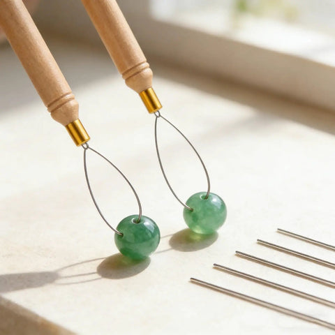 Beads Threading Tool For Jewelry Making And Beading Projects, Easy Sphere Threader To Help You Slide Beads Onto Strings, No Fuss For Bracelets, Necklaces, Earrings, And DIY Crafts in wood with green beads