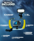 DiveRig4 Underwater Rig Bundle With Waterproof LED Light for GoPro shown with aluminum tray, rubber grips, and cold shoes.