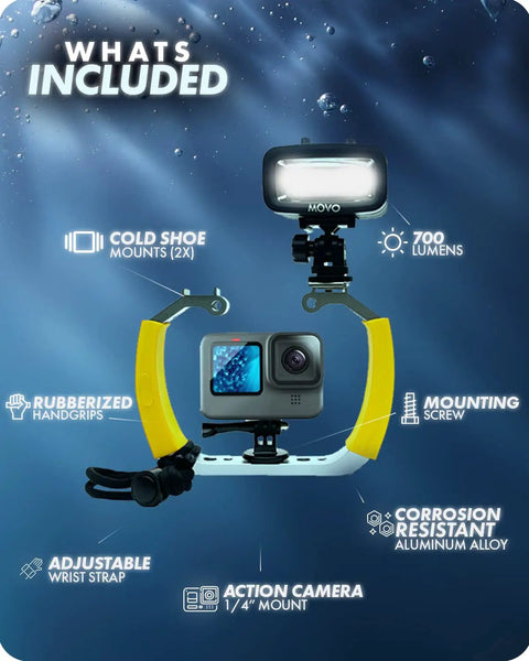 DiveRig4 Underwater Rig Bundle With Waterproof LED Light for GoPro shown with aluminum tray, rubber grips, and cold shoes.