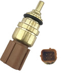 Close-up of coolant temperature sensor with brass body, rubber seal, and brown 4-pin connector