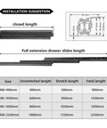 Beefy Bottom Mount Drawer Slides With Concealed Under Drawer Design, Heavy Duty And Durable, Smooth Quiet Glide, 1 Pack, No Exposed Metal, Professional Quality Guide Rails For Cabinets And Dressers, size chart