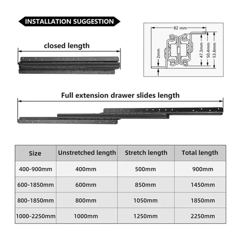 Beefy Bottom Mount Drawer Slides With Concealed Under Drawer Design, Heavy Duty And Durable, Smooth Quiet Glide, 1 Pack, No Exposed Metal, Professional Quality Guide Rails For Cabinets And Dressers, size chart