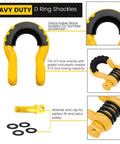 Beefed-Up Heavy Duty Three Quarters Inch D Ring Shackles Set Forged Steel Tow And Winch Shackles Four Point Seven Five Ton Load Capacity Two Pack Off Road Recovery Gear Yellow Powder Coat With Isolators, showing detachable black isolator and washers.