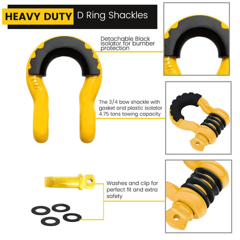 Beefed-Up Heavy Duty Three Quarters Inch D Ring Shackles Set Forged Steel Tow And Winch Shackles Four Point Seven Five Ton Load Capacity Two Pack Off Road Recovery Gear Yellow Powder Coat With Isolators, showing detachable black isolator and washers.