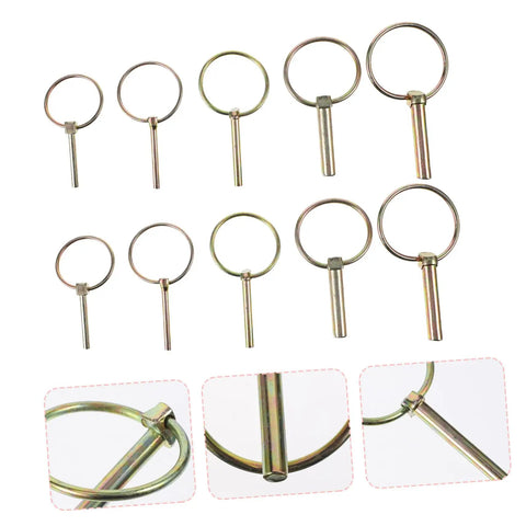 10 Piece Heavy Duty Lynch Pin Fastener Set For Trailers Trucks And Mowers, zinc-plated steel pins with self-locking rings