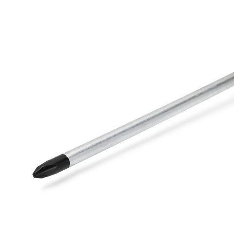 Close-up of a Phillips blade from the Two Piece Dual Material Screwdriver Set With Phillips Two By Four Inches And Slotted One Quarter By Four Inches Durable Ergonomic Grips Handy For Home DIY Projects And Everyday Fixes.