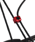 Close-up of Two Pack Compound Bow Drop Away Rest Fasteners Buckle Clips For Arrow Rest Clamps Archery Accessories Aluminum Alloy Metal Black Red Finish Easy Install Cable Clamp Adjustment showing red fastener on black cable