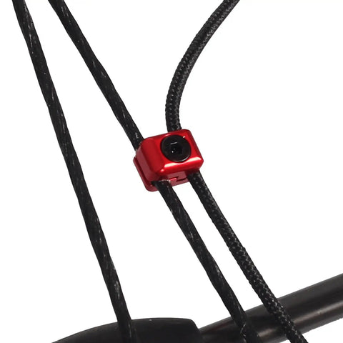 Close-up of Two Pack Compound Bow Drop Away Rest Fasteners Buckle Clips For Arrow Rest Clamps Archery Accessories Aluminum Alloy Metal Black Red Finish Easy Install Cable Clamp Adjustment showing red fastener on black cable