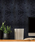 Self Adhesive Brushed Aluminum Backsplash Tiles Peel And Stick 10 Piece Set For Kitchen And Bathroom Each 11.73 By 11.73 Inches Easy DIY Install Black Brushed Finish behind desk