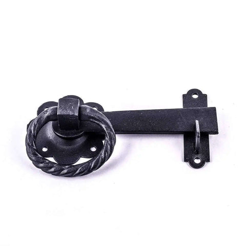 Black Wrought Iron Gate Floral Ring Turn Latch Lock Set 6 Inch Long, light duty antique latch pull with mounting hardware.