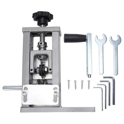 Rock Solid Dual Mode Electric Wire Stripper With Razor Edged Hardened Steel Blades, drill powered, showing the machine and tools.