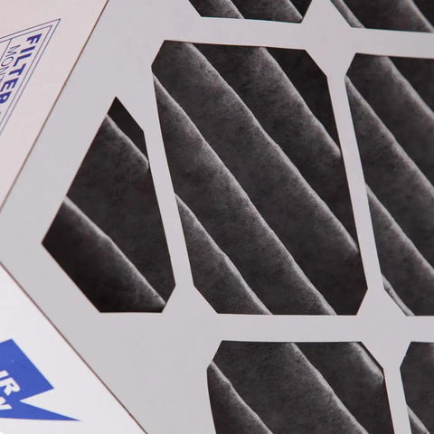Close-up of 20x20x4 Pleated Air Filter MERV 12 Plus Carbon 2 Pack Actual Size 19.5 x 19.5 x 3.63 showing pleated layers