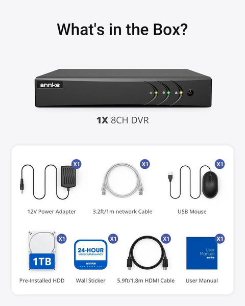 Image showing contents of Dope 8 Channel 3K Lite Security Digital Video Recorder With 1TB Hard Drive H265 Plus Hybrid 5 In 1 Surveillance DVR