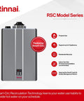 Rinnai RSC model series propane tankless water heater, featuring Smart Circ tech for indoor use and optimal efficiency.