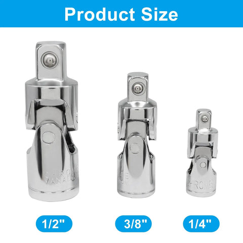Universal Joint Socket Set With Ball Spring Design Three Piece One Quarter Inch Three Eighths Inch And One Half Inch Chrome Vanadium Steel